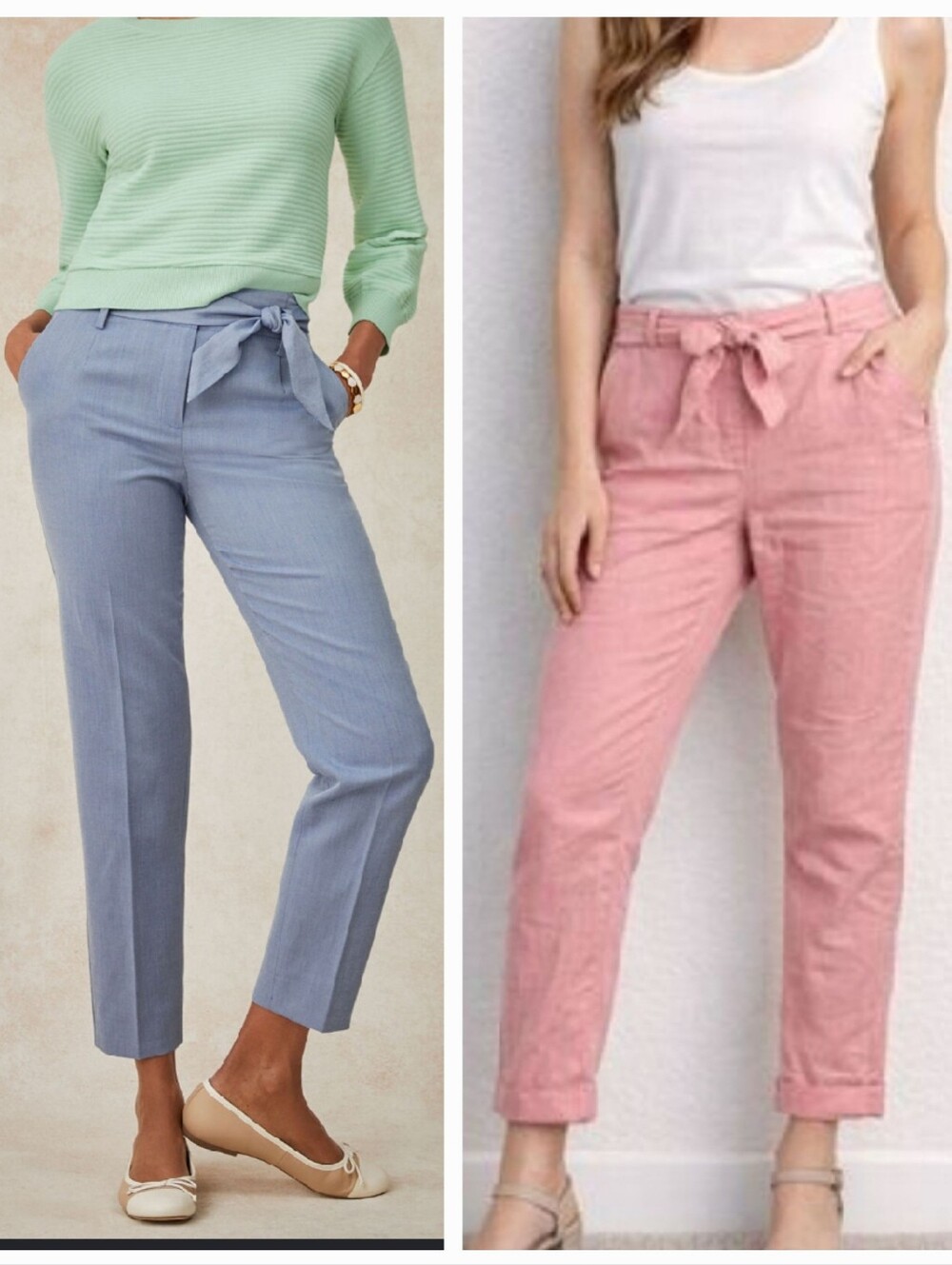 LOFT Paperbag Tie Waist Cropped Pants in Light Blue and Dusty Pink